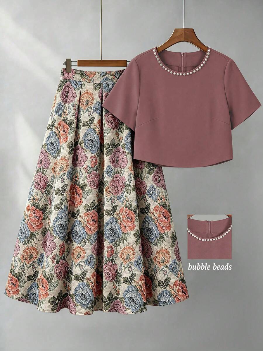 Modelyn Bộ đồ nữ thanh lịch, thời trang gồm áo cổ tròn đính hạt và chân váy jacquard, cỡ lớn. - Nhiều màu - Xem 1