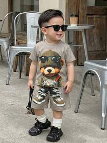 SHEIN Playful Pals Baby Boys Toddler Cute Cartoon Animal & Car Print Short Sleeve Top And Printed Shorts Set, Suitable For Spring/Summer Outings And Daily Wear - Brown - View 7