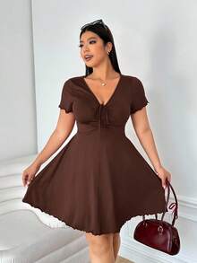 Enliva Plus Size Women Valentine's Day Red V-Neck Front Tie Dress Milkmaid Dress, For Body Shape, For Summer - Brown - View 3
