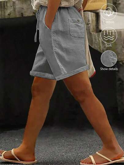 Linhara CURVE Plus Size Washed Cotton Cinched Waist Backpocket Button Decor Short Casual Top