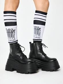 ROMWE Goth 2026秋冬新款女士高跟凉鞋，朋克风深色PU圆头内增高靴，厚底小靴，百搭松饼踝靴，薄靴 - 黑色 - 查看 3