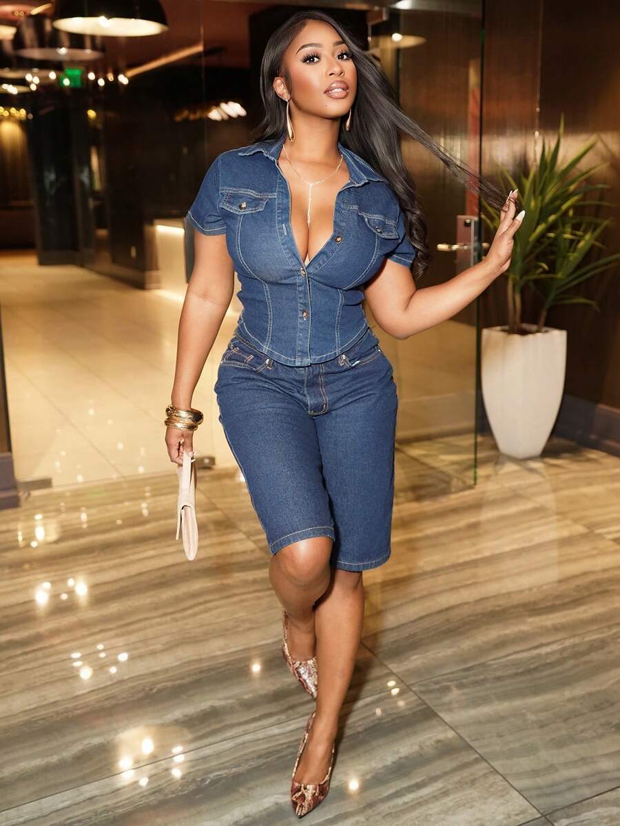 Chea Andrea Casual Front Button Short Sleeve Women Denim Jackets, Old Money, Business Casual Woman, Fall Women Clothes - Dark Wash - View 1