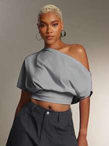 Denimoi Cinched Waist Off Shoulder Top Fashionable Everyday Tops Fashion Tshirt - Light Grey - View 3