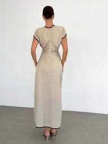 Siren Gaze Women's Black And Beige Summer Elegant V-Neck Contrast Trim Pleated Chiffon Linen Blend Casual Dress Tie-Waist Flowing Formal Tea Party Gown Brunch - Apricot - View 2