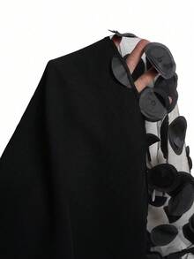 SHEIN Elenzya 大码女式纯色无袖立领常规衬衫，网纱花卉拼接，优雅设计上衣+宽松休闲网纱下摆长裤，两件套 - 黑色 - 查看 6