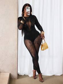 BamGleam Women's Sexy Hollow Out Fishnet Sheer Jumpsuit - Black - View 5