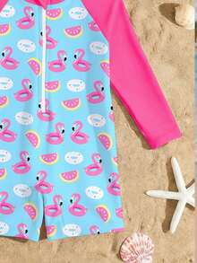New Fashion Girls One-Piece Long Sleeve Shorts Swimsuit, Random Cute Print Young Girl Swimwear - Multicolor - View 5