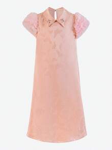 Vestido elegante y lujoso de línea A con cuello de camisa, estilo princesa, adecuado para eventos y fiestas para niña preadolescente - Rosa - Ver 9