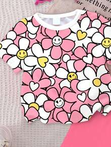 SHEIN 2 Stücke Baby Mädchen Casual Süßes Blumenmuster Set, cremefarbenes rosa Rundhals Kurzarm T-Shirt und rote Leggings, geeignet für Frühling/Sommer, Alltagstragen, Urlaub, Y2K Stil - Verschiedenfarbig - Übersicht 5
