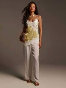 Athîral Women's Casual Asymmetric Spaghetti Strap Off Shoulder Sleeveless Romantic Sexy Blue Lace Blouse - Light Yellow - View 6