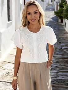 Louniche Women's Solid Color Round Neck Short Sleeve Minimalist Blouse White Elegant Top Lace White Top Tops For Women Elegant White Boho Top Blouse Summer Lace Blouses For Women White Lace Top White Tops For Women Elegant White Blouse Women's White Top Working Blouse Women's Blouse Women's Tops And Blouses - White - View 5