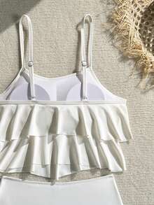 SHEIN Swim Women's Summer Beach Solid Color Ruffle Hem Tankini Swimsuit Set - Cream - View 5