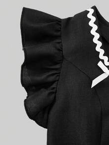 SHEIN Bộ 2 áo crop top tay lỡ họa tiết hoa cho bé gái tuổi teen có nơ trang trí và quần ống rộng - màu đen - Xem 6