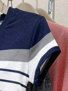 Franclia 女士户外休闲衬衫，夏季新品。户外休闲优雅风格，图案设计，多色条纹印花，蓝色、白色，修身腰型，适合返校季、教师节，女士T恤 - 藏蓝色 - 查看 3