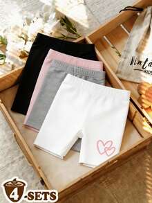 SHEIN Bộ 4 chiếc quần short họa tiết trái tim dễ thương cho bé gái, quần legging thoải mái thường ngày, thích hợp mặc vào mùa hè. - Nhiều màu - Xem 6