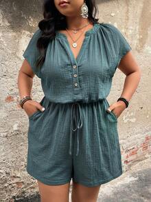 EMERY ROSE Plus Size Casual Everyday Comfortable Cotton Jumpsuit With Raglan Sleeves And Waist Cinching - Blue - View 1