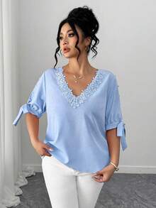 Elenzga Elegant Fashion Off-Shoulder Round Neck Ruffle Tie-Up Half Sleeve Pearl Decor Plus Size Women Blouse - Baby Blue - View 3