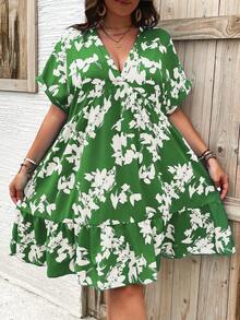 Breezaya 大码女式V领褶皱印花休闲连衣裙，适合派对和外出，女士夏季连衣裙，沙滩装扮 - 綠色 - 查看 3