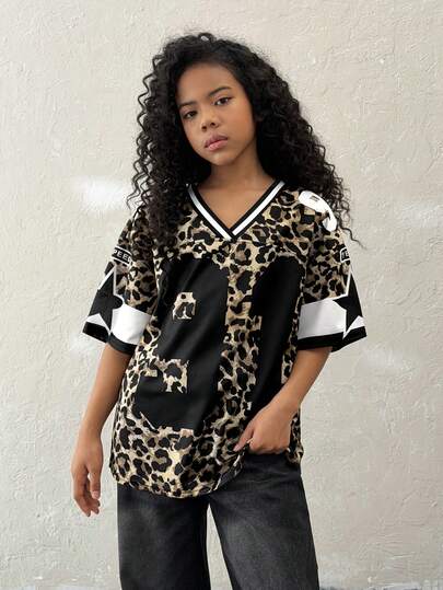 Conjunto de ropa de primavera/verano para niñas preadolescentes, ropa elegante para volver al colegio y de vacaciones, camisetas de jersey negro con estampado de leopardo y números, ropa a juego para padres e hijos