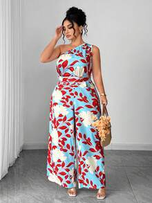 Elenzga Summer Fashion Casual Vacation French Retro Elegant Commuting Halter Waist Cinched Floral Jumpsuit - Blue - View 6