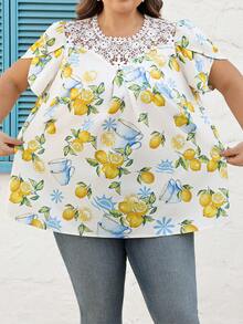 SHEIN CURVE+ 加大码 US22 音乐节、海滨度假、波西米亚风女士假日蕾丝花卉印花花瓣短袖衬衫 夏季/乡村/海滩度假/沙滩装、夏季上衣 - 白色 - 查看 11
