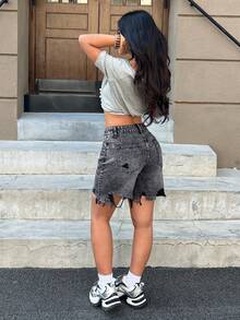 SHEIN PETITE Women's Casual Distressed Frayed Hem Denim Shorts - Black - View 2