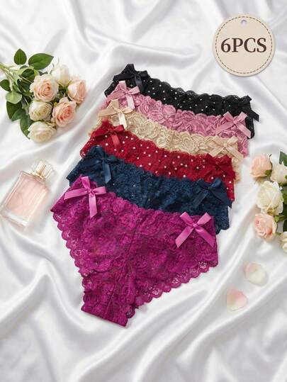 Set de 6 cacheteros de encaje sexy para mujer, suaves, ajustables, ultra cómodos, colores surtidos, lencería femenina ideal para todos los días| Lencería Sexy para Mujer