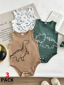 SHEIN Playful Pals 3pcs Baby Boy Cartoon Dinosaur Print Bodysuit Set - Multicolor - View 1