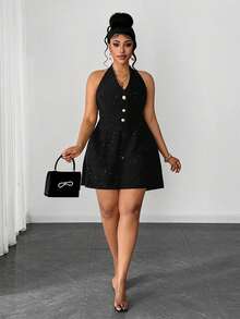 Maweii Elegant Sequin & Pearl Button Decorated Plus Size Black Romper, Suitable For Daily Commute, Party, Date - Black - View 2
