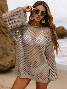Selianne Summer Swimsuit Cover Up, Loose Knit Hollow Design, Shiny Yarn, Suitable For Vacation, Beach, Music Festival, Fashion Outfit - Champagne - View 3
