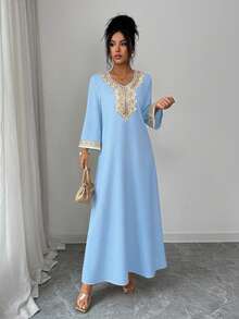 Elenzga Đầm dài tay xẻ tà thanh lịch dành cho nữ, phối nhiều dải ruy băng, thích hợp cho mùa xuân/hè. - Màu xanh nhạt - Xem 3