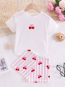 Tween Girls' Casual Cute Bow & Cherry Print, Cream Pink Striped Graphic, Round Neck Short Sleeve Shorts Pajama Set, Suitable For Summer, Y2K Style - Multicolor - View 2