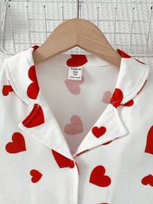 SHEIN 少女纯色爱心图案 Polo 领开衫和针织休闲短裤两件套家居服 - 白色 - 查看 6