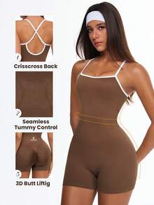 Eassivo Women's Seamless High Elasticity Aerobic Yoga Fitness Criss-Cross U-Back Jumpsuit - Coffee Brown - View 5