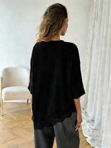 SHEIN LUNE Women's Casual Asymmetric Hem Lace Patchwork T-Shirt, Heart Print - Multicolor - View 2