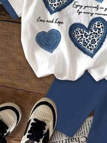 少女豹纹爱心印花宽松休闲撞色条纹短袖超大T恤和打底裤两件套，适合夏季、Y2K风格、儿童舒适、儿童日常时尚、儿童套装、澳大利亚夏季穿搭、Blossom Vogue、秋季新款、返校季时尚、平价时尚、日本周末穿搭、澳大利亚夏季穿搭、甜美风格、舒适的春夏款式、轻松舒适、情人节、度假、女孩套装、少女服装 - 彩色 - 查看 4