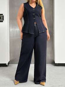 EURMUSE Woman Denim Set Smart Casual Sleeveless Vest And High Waist Straight Jean - Dark Wash - View 5