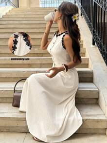 Pariaura Vestido de longitud media con aplicación de encaje en el delantero sin mangas, adecuado para vacaciones y atuendos de viaje - Albaricoque - Ver 7