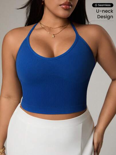 Rhythm Era Plus Size Women Solid Color Spaghetti Strap Sleeveless Fitted Cropped Tank Top, Summer