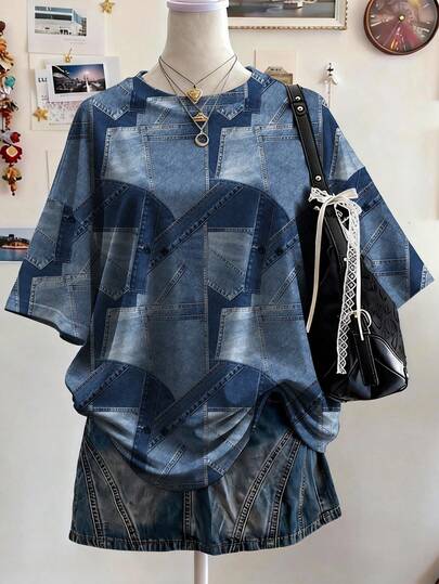 Lalippa Textured Pattern Digital Print Oversized Loose Mid-Length Round Neck Drop Shoulder Women T-Shirt, A Gift For Friends