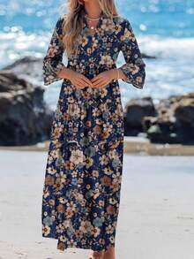 Sylviya 女士休闲花卉图案V领褶饰长袖连衣裙，适合秋季 - 藏蓝色 - 查看 5