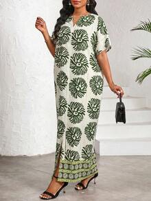 SHEIN Lady Đầm nữ in họa tiết toàn thân, thích hợp cho kỳ nghỉ, phong cách thường ngày. - màu xanh lá - Xem 3