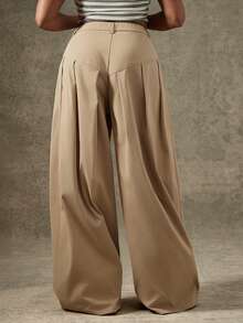 Vixey 纯色梭织低腰褶裥阔腿裤 - 卡其色 - 查看 4