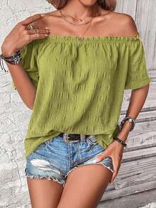 SHEIN LUNE 女士度假纯色荷叶边露肩短袖衬衫浅绿色上衣绿色夏季上衣女士露肩上衣露肩上衣绿色露肩上衣 - 綠色 - 查看 4