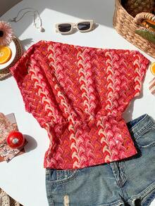 Comfortcana Women's Casual Hollow-Out Asymmetric Collar Knit T-Shirt - Hot Pink - View 6