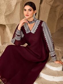 SHEIN Najma Đầm nữ thanh lịch với ren hoa và tay áo xẻ tà - Màu Đỏ Sâu - Xem 1