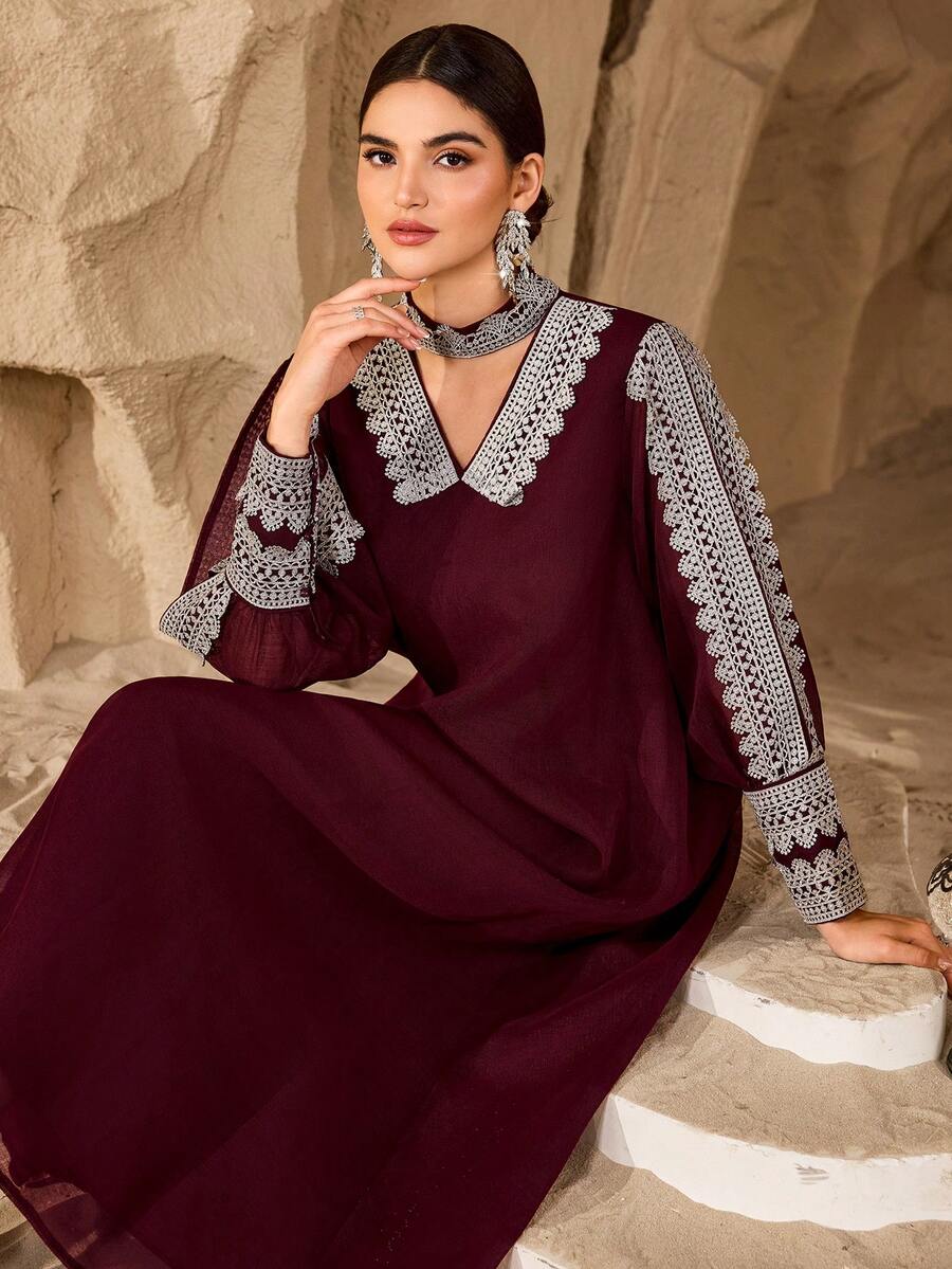 SHEIN Najma Đầm nữ thanh lịch với ren hoa và tay áo xẻ tà - Màu Đỏ Sâu - Xem 1