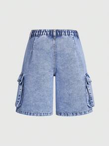 SHEIN 少女Y2K时尚水洗牛仔工装短裤，直筒休闲百搭柔软棉质短裤，适合度假、日常穿着、上学、通勤、聚会、居家、节日等场合。 - 中等水洗藍 - 查看 2