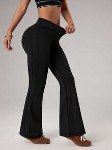 Seamluxe SHEIN Sport 女士休闲百搭纯色喇叭运动裤 - 黑色 - 查看 7