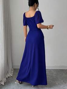 SHEIN Elenzya 方领收腰优雅浪漫精致女式连衣裙，短袖 - 寶藍色 - 查看 2